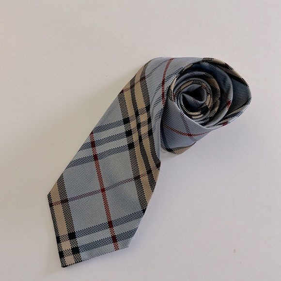 BURBERRY || Authentic Men’s Silk Light Blue & Tan Tartan Tie. Sz. OS - Picture 3 of 12